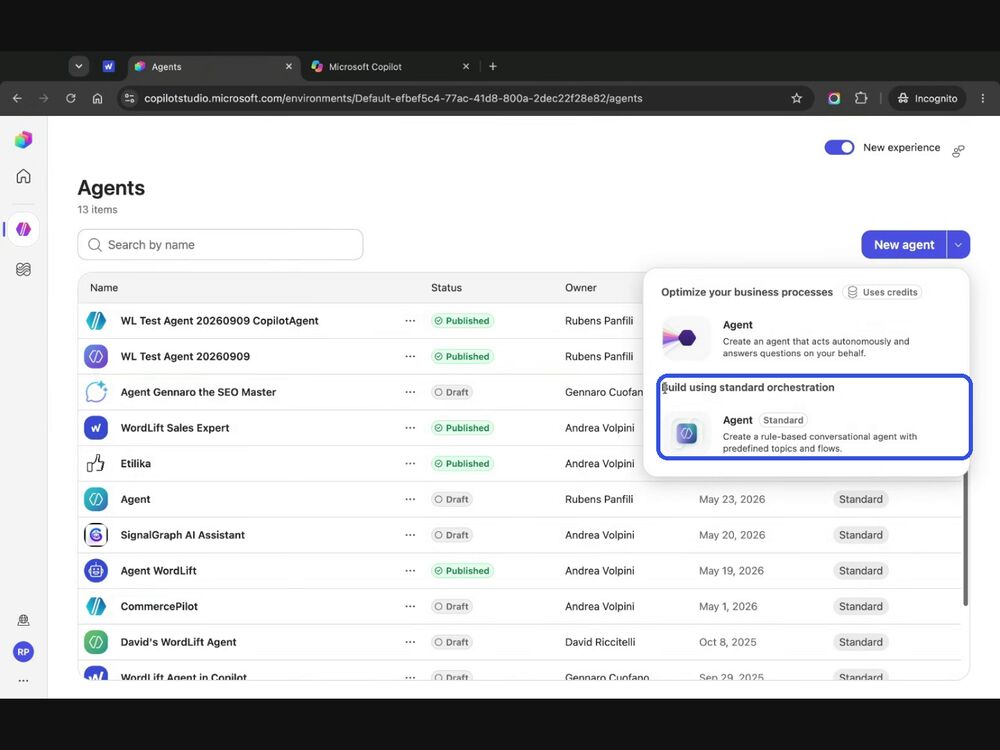 New agent dropdown showing Build using standard orchestration