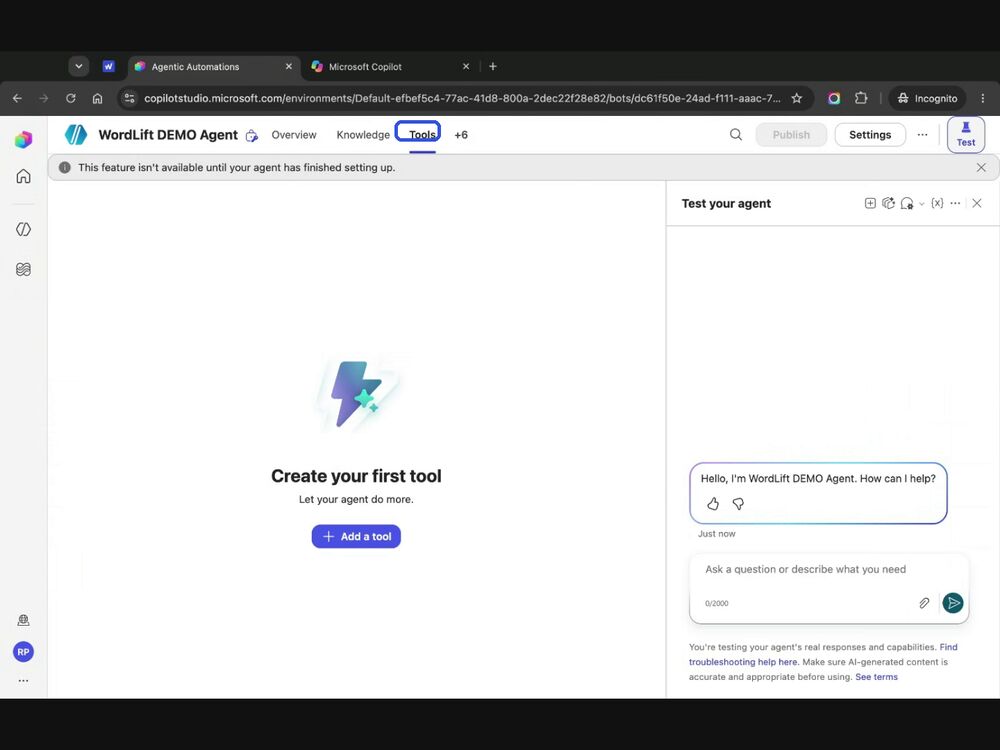 Tools tab highlighted in the agent's header menu