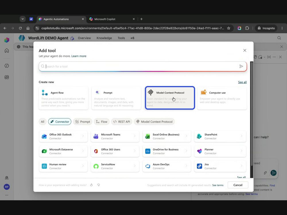 Model Context Protocol option highlighted in the Add tool panel