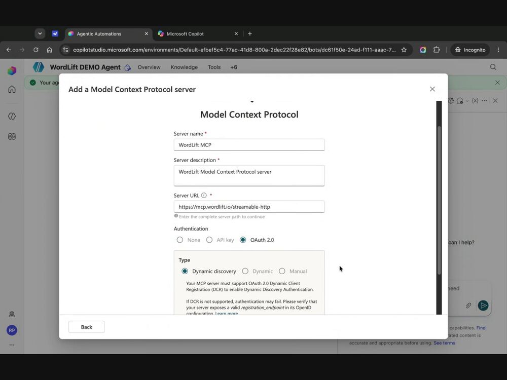 Adding the WordLift MCP server in Copilot Studio
