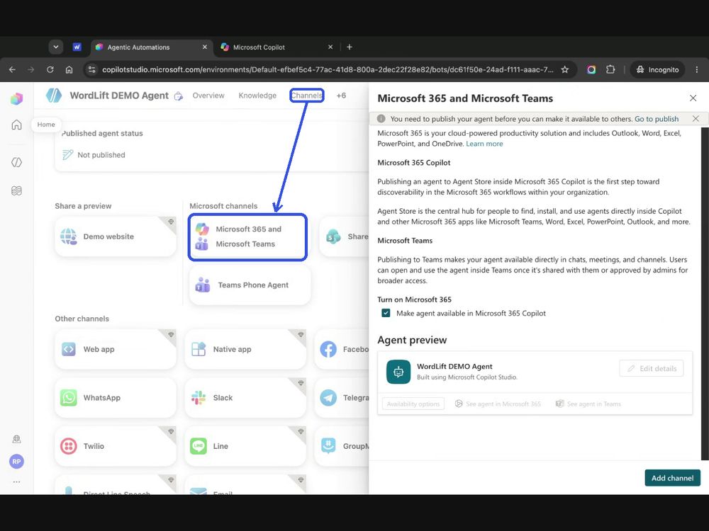 Channels tab highlighted with an arrow to the Microsoft 365 and Microsoft Teams tile
