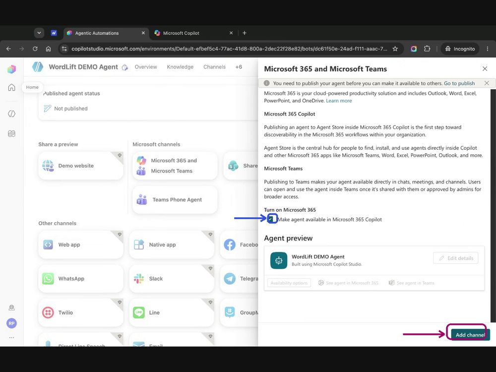 Microsoft 365 and Teams channel panel with the Make agent available checkbox and Add channel button highlighted