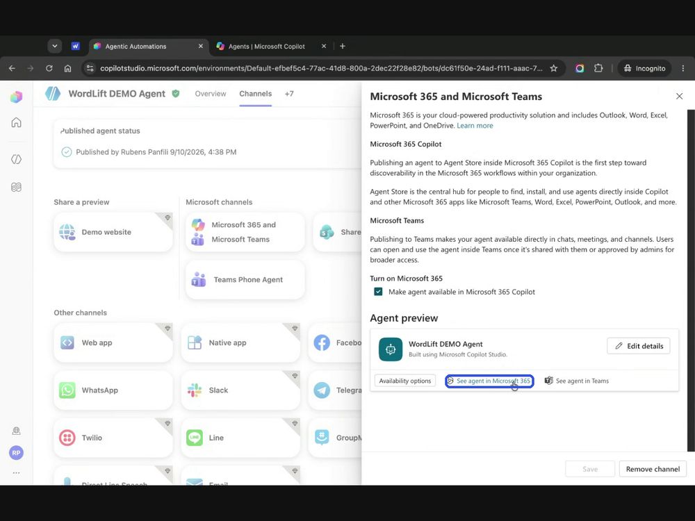 See agent in Microsoft 365 link after publishing
