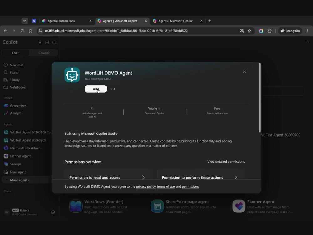 Adding the WordLift DEMO Agent from the Microsoft 365 Agent Store
