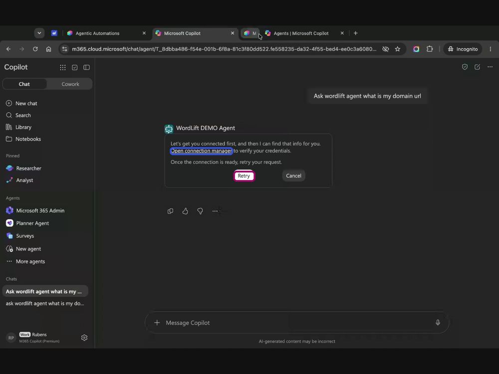 Copilot chat prompt asking to open the connection manager, with a Retry button