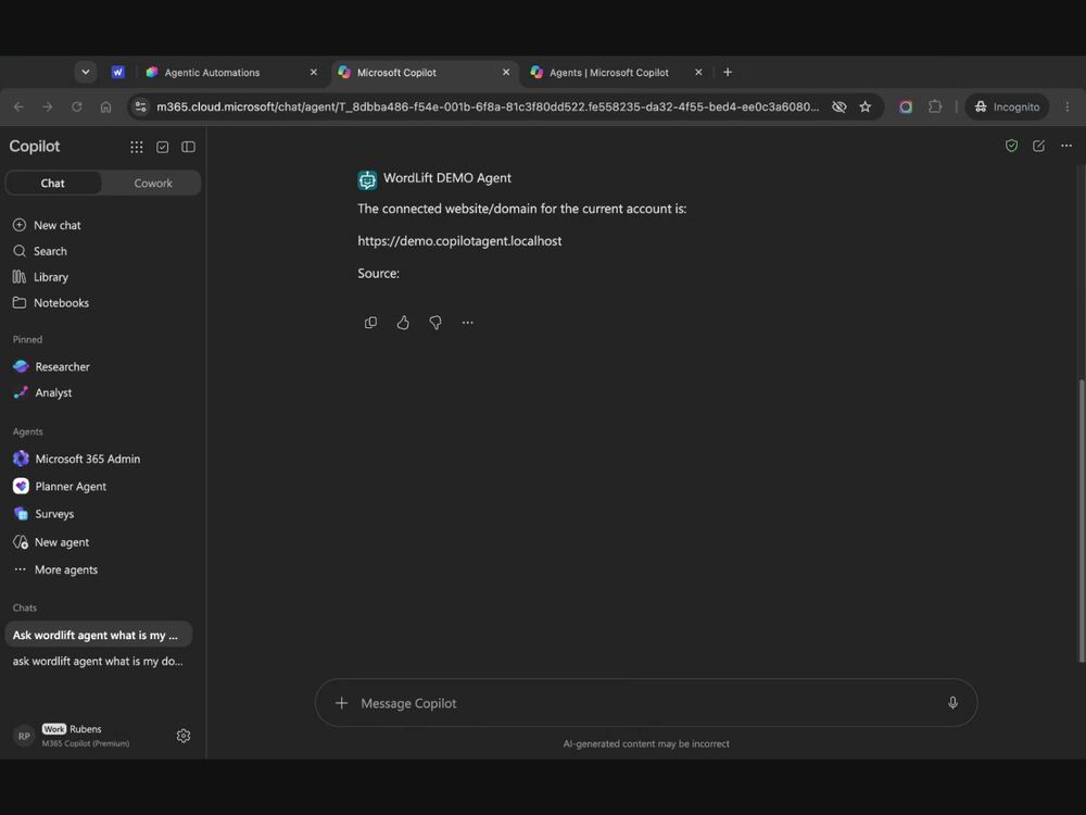 WordLift agent answering inside Microsoft 365 Copilot chat