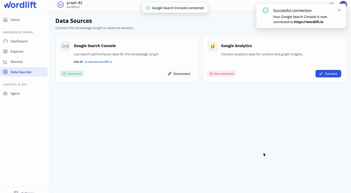 Connected Data Sources in the WordLift Dashboard