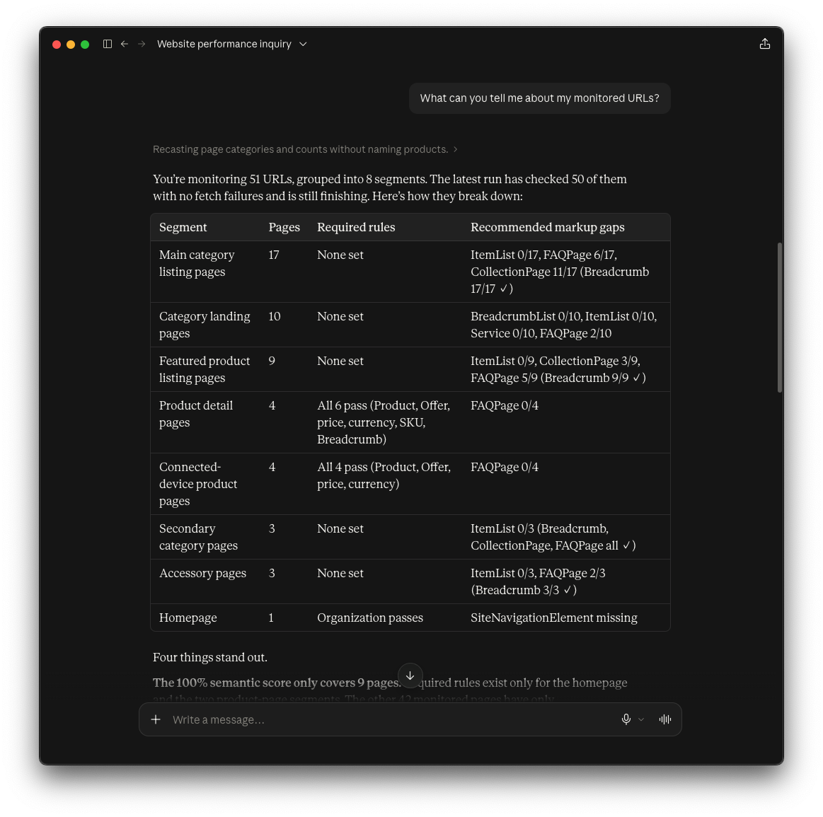 The assistant summarizes monitored URLs by segment, with required rules and recommended markup gaps