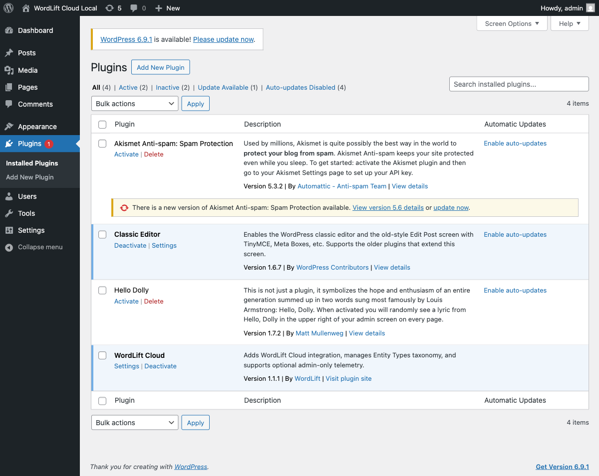 WordLift Cloud plugin row with Settings link