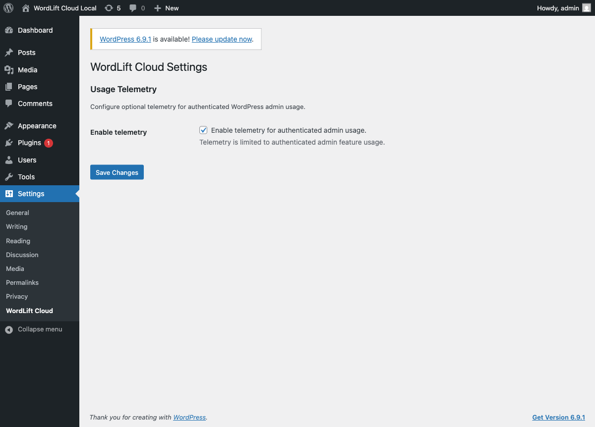 WordLift Cloud settings page