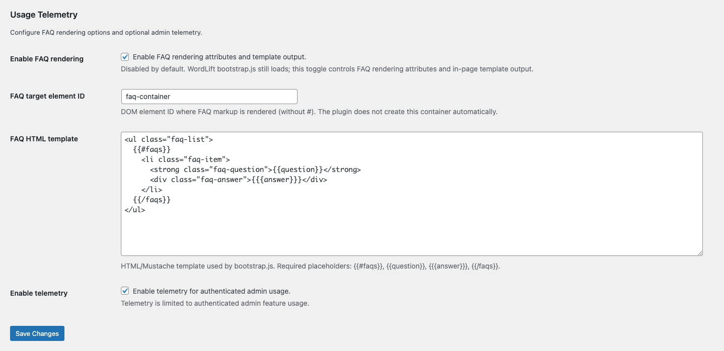 WordLift Cloud settings page