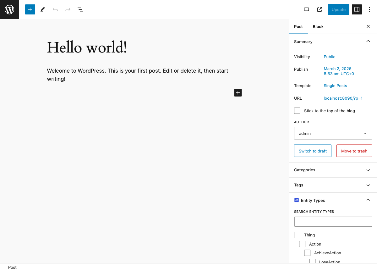 Entity Types panel in block editor