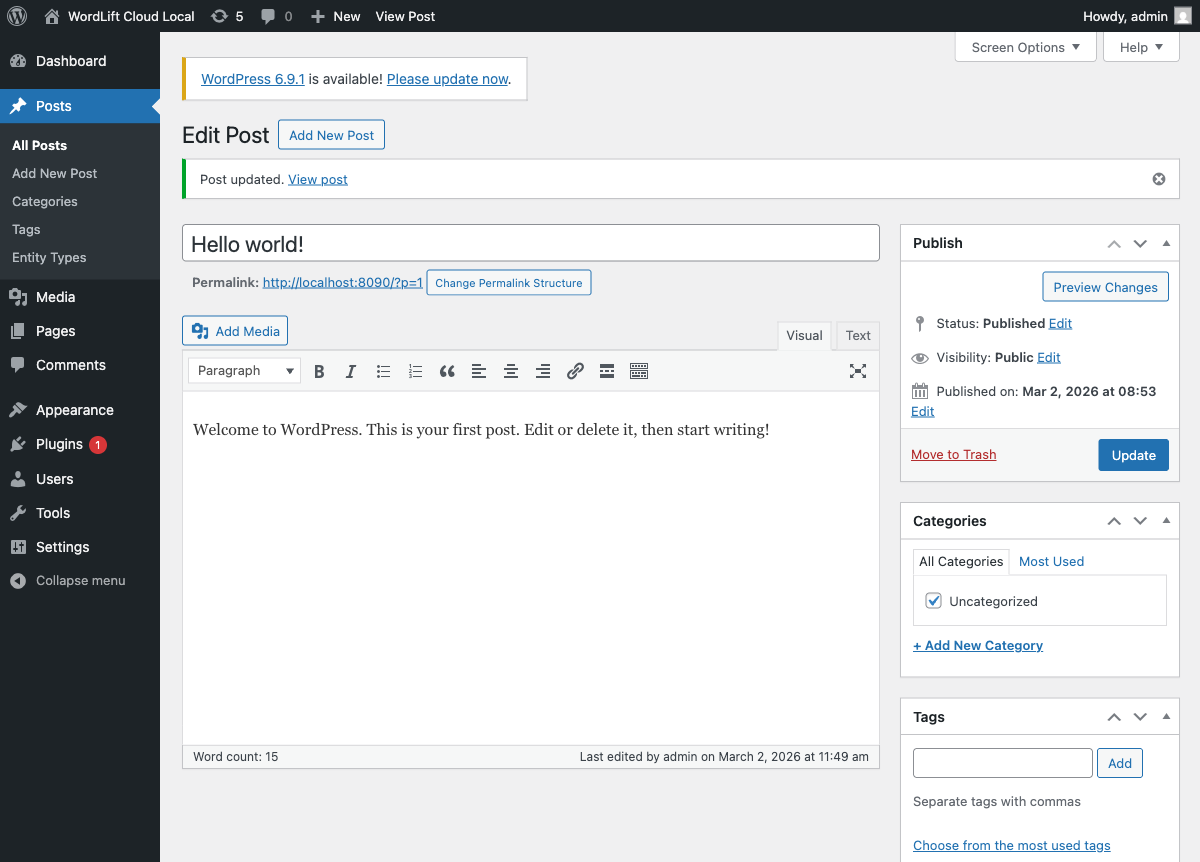 Post updated notice in classic editor