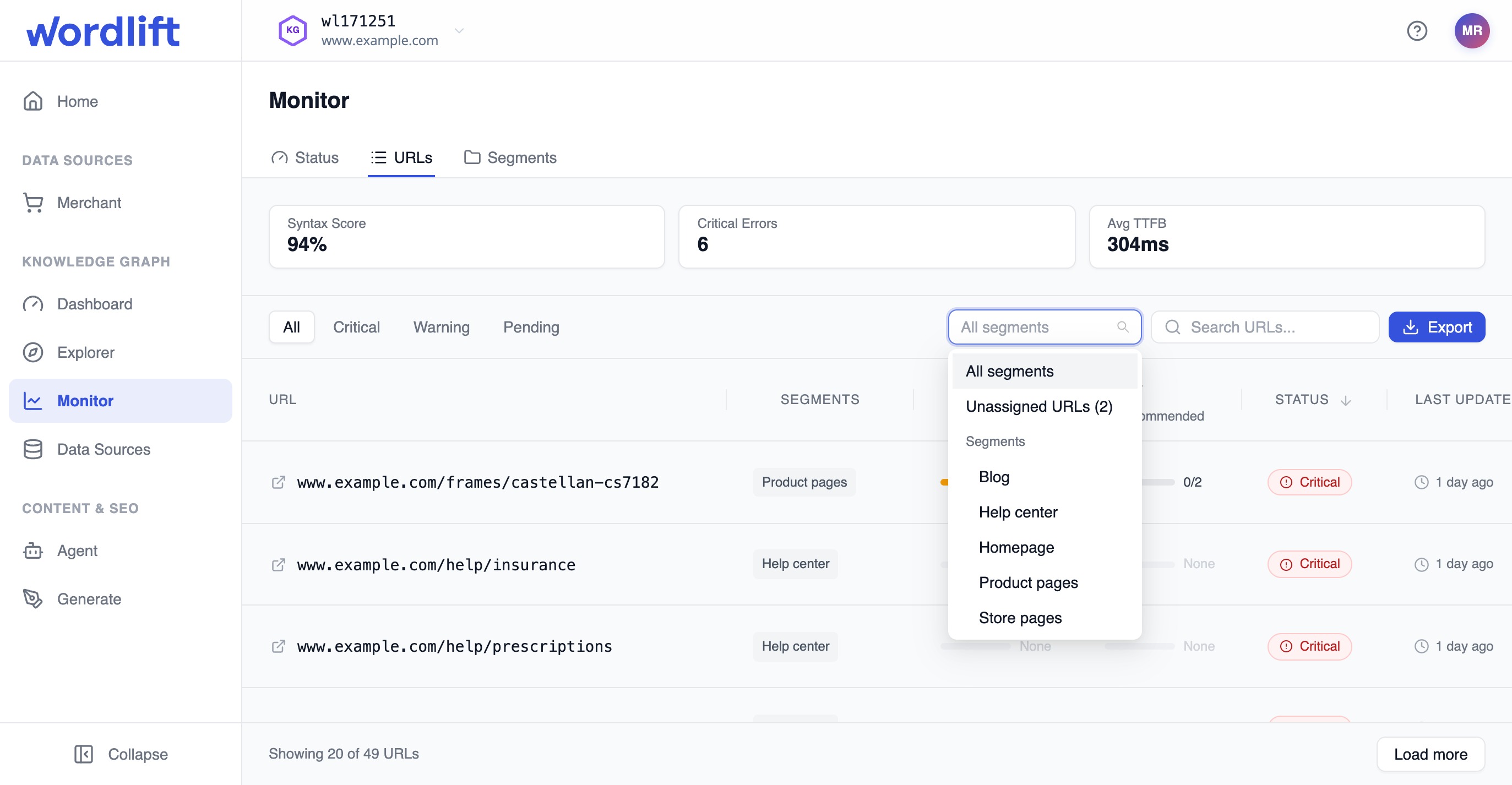 Segment filter with the Unassigned URLs option